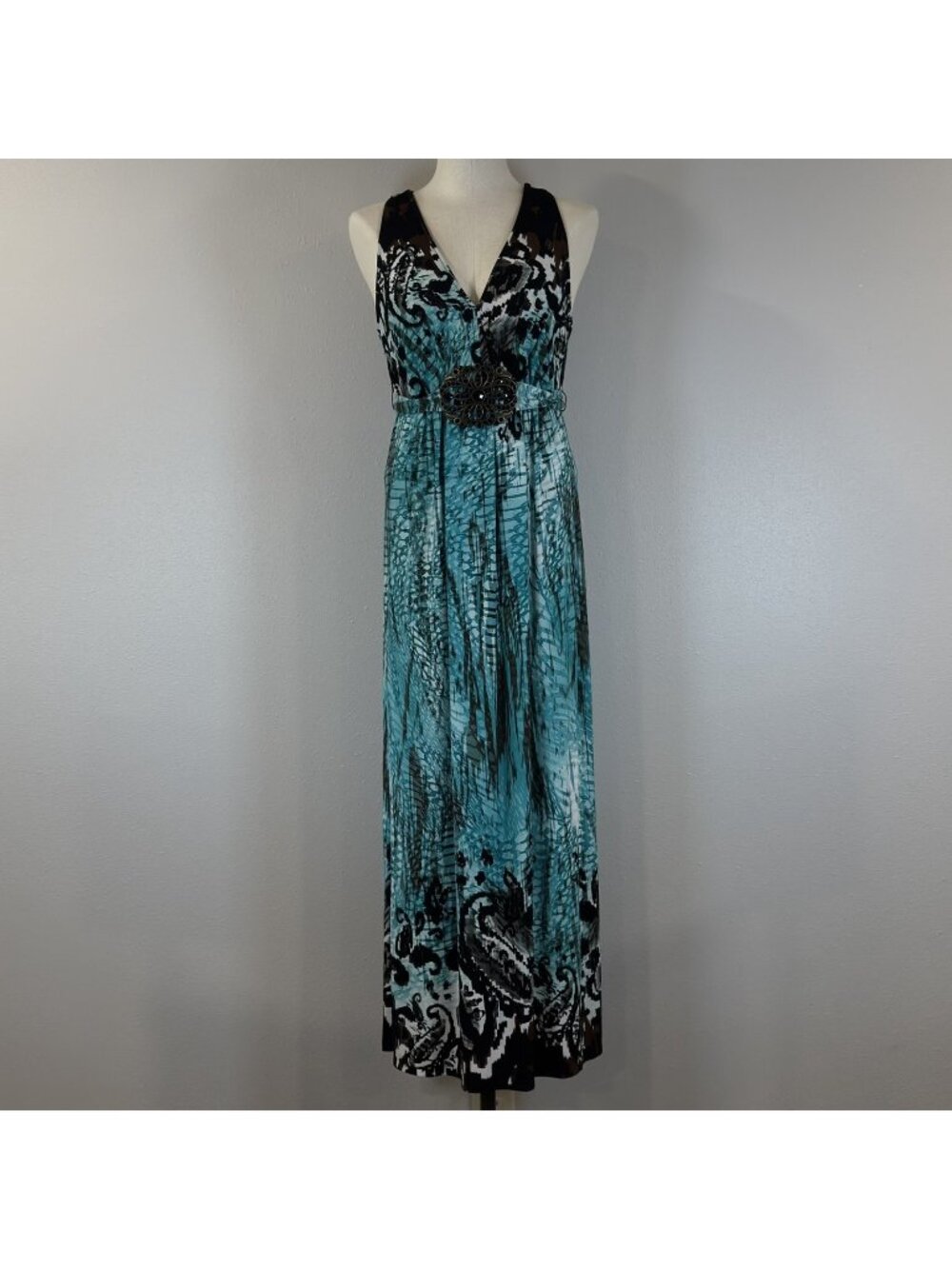 R&M Richards Maxi Dress Womens Size 10 Teal Black Paisley Rhinestone Buckle Belt